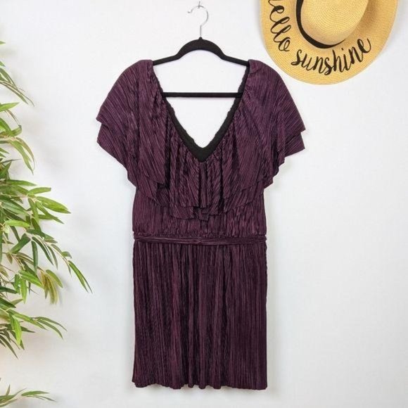 OML Deep Purple Plisse Pleat Flutter Sleeve Dress M Cocktail Party Wedding - Picture 7 of 10